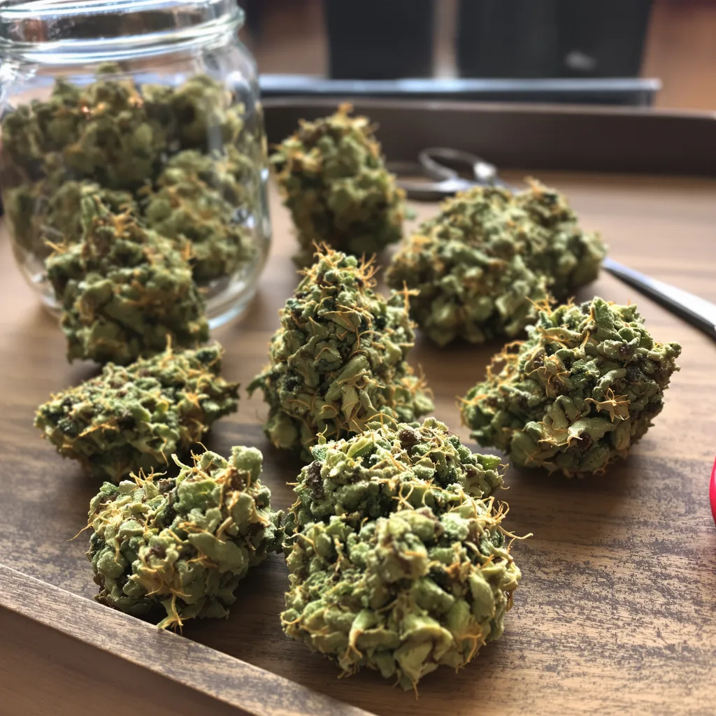 Trinity 25% Indica / 75% Sativa — Blüte mit sichtbaren Trichomen