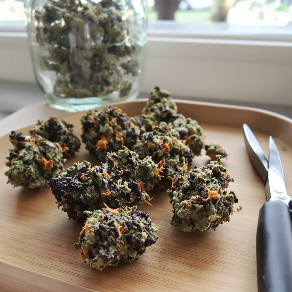 Tropicana Cookies Purple 76% Indica / 24% Sativa — Blüte mit sichtbaren Trichomen