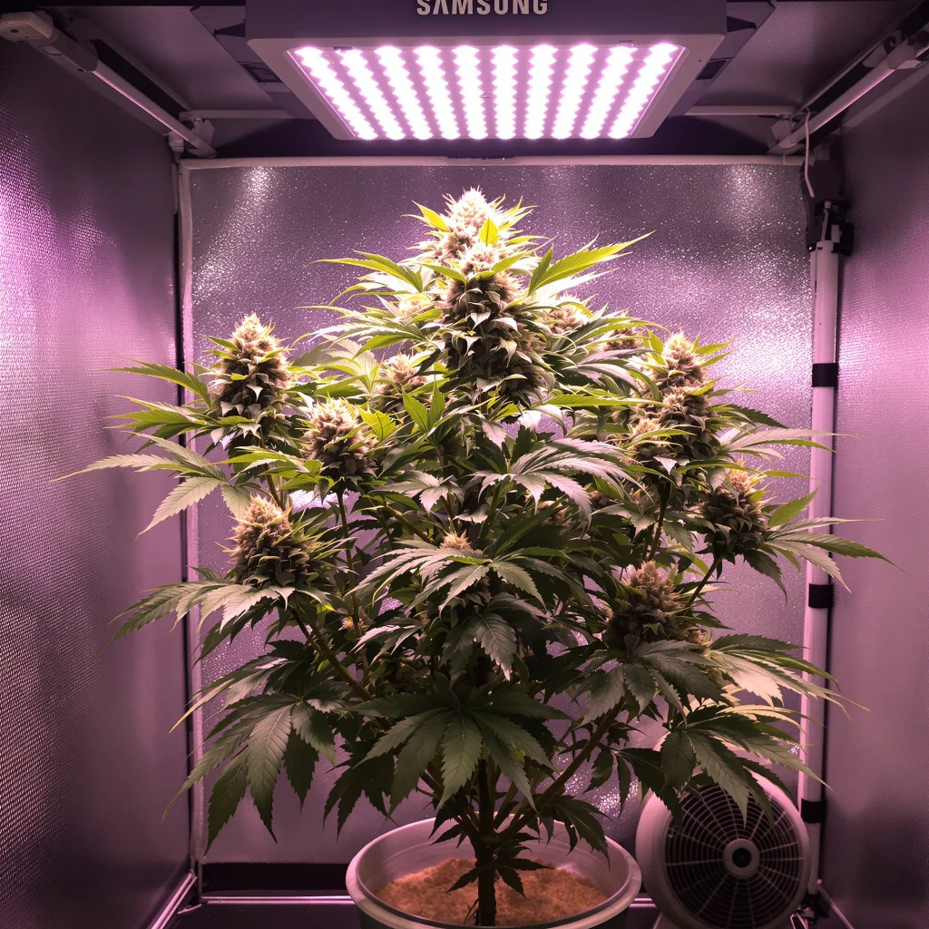 Tropicana Cookies Purple 76% Indica / 24% Sativa — Blüte mit sichtbaren Trichomen