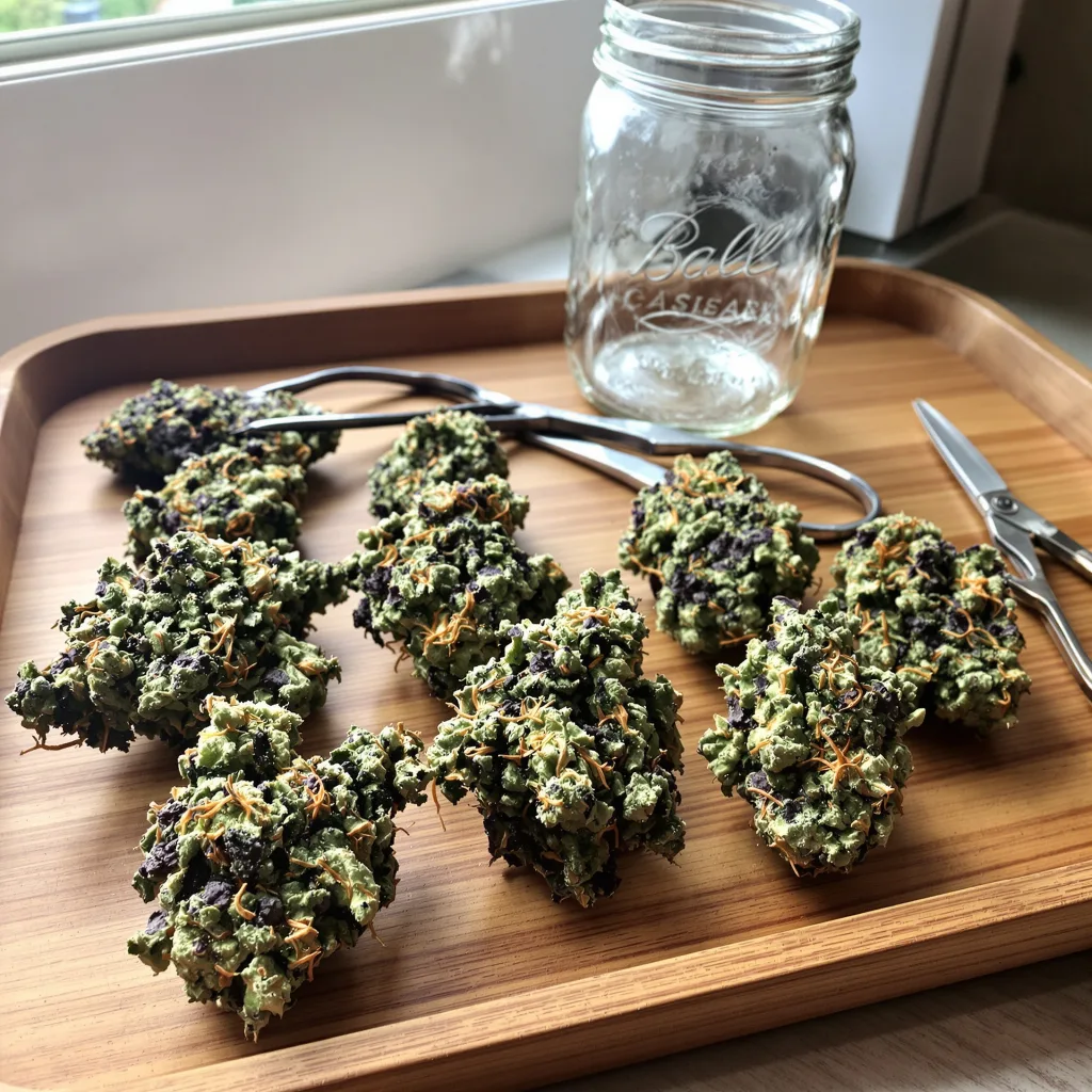 Tuna Kush 70% Indica / 30% Sativa — Blüte mit sichtbaren Trichomen