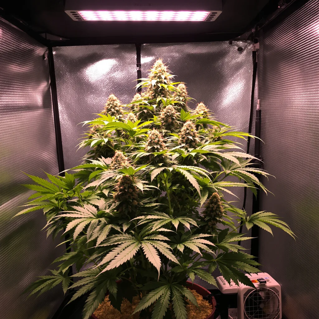 Tuna Kush 70% Indica / 30% Sativa — Blüte mit sichtbaren Trichomen