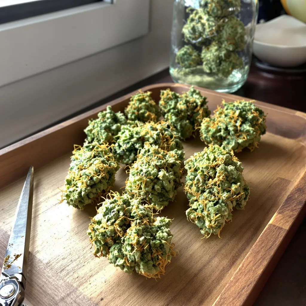 Turbo Mind Warp 20% Indica / 80% Sativa — Blüte mit sichtbaren Trichomen