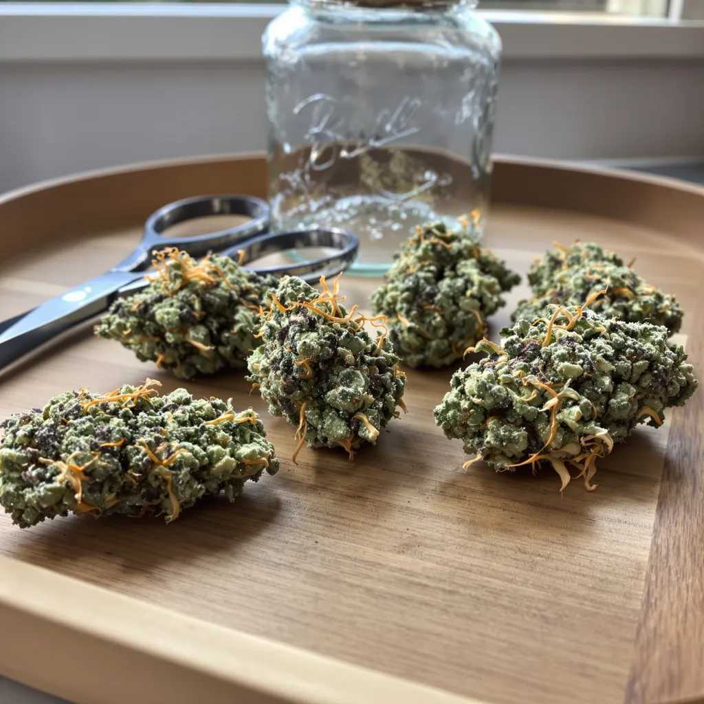 UK Cheese 40% Indica / 50% Sativa — Blüte mit sichtbaren Trichomen