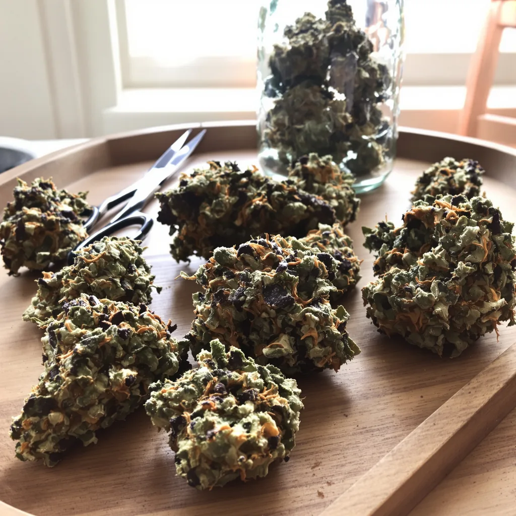 Vanilla Kush 70% Indica / 30% Sativa — Blüte mit sichtbaren Trichomen
