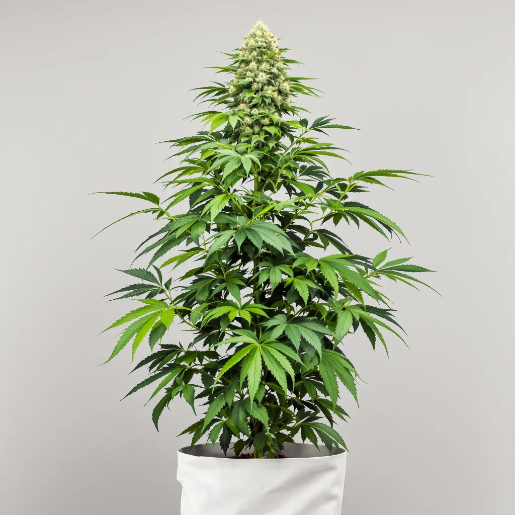 Venus OG Cannabisblüte Nahaufnahme mit ausgewogene Blütenstruktur mit eisigen Trichomen
