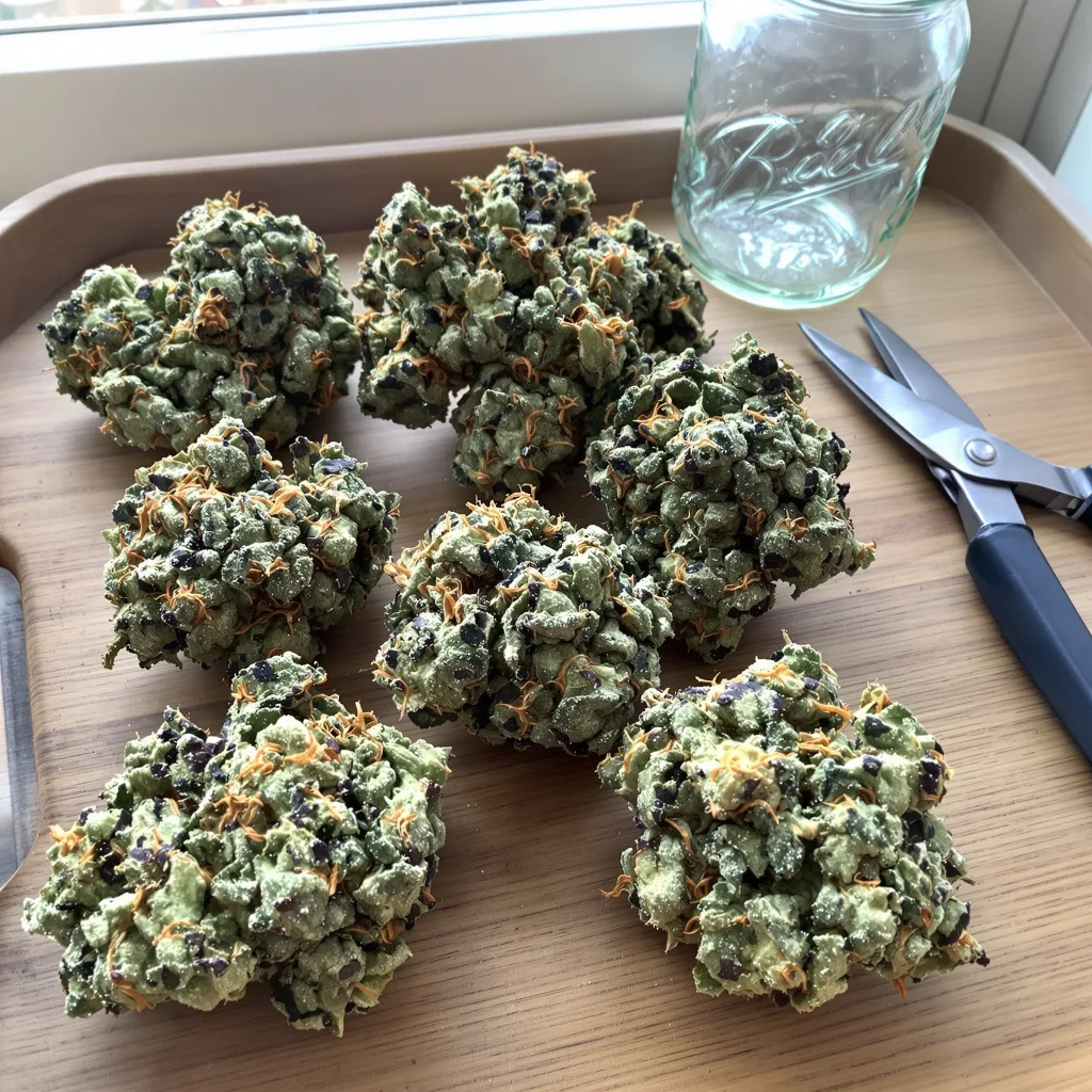Venus OG 57% Indica / 43% Sativa — Blüte mit sichtbaren Trichomen