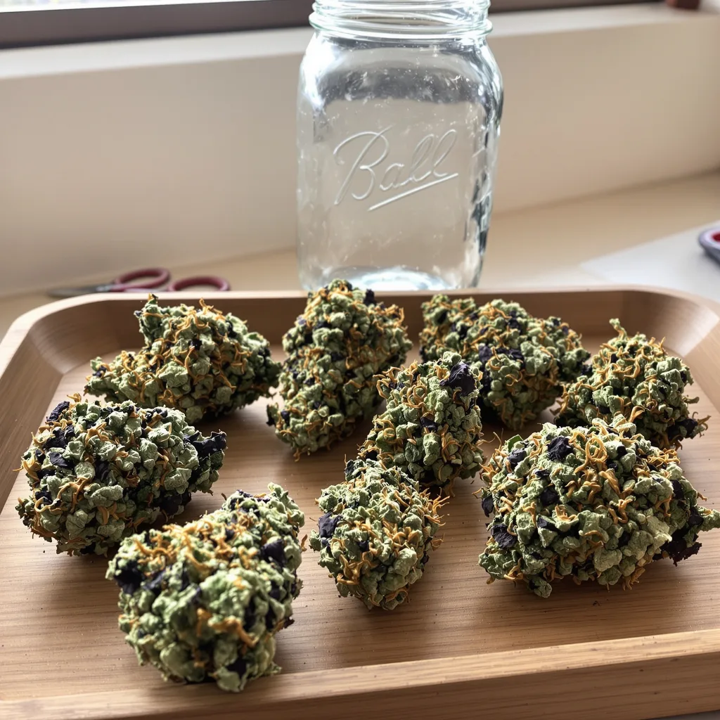 Violator Kush 70% Indica / 20% Sativa — Blüte mit sichtbaren Trichomen