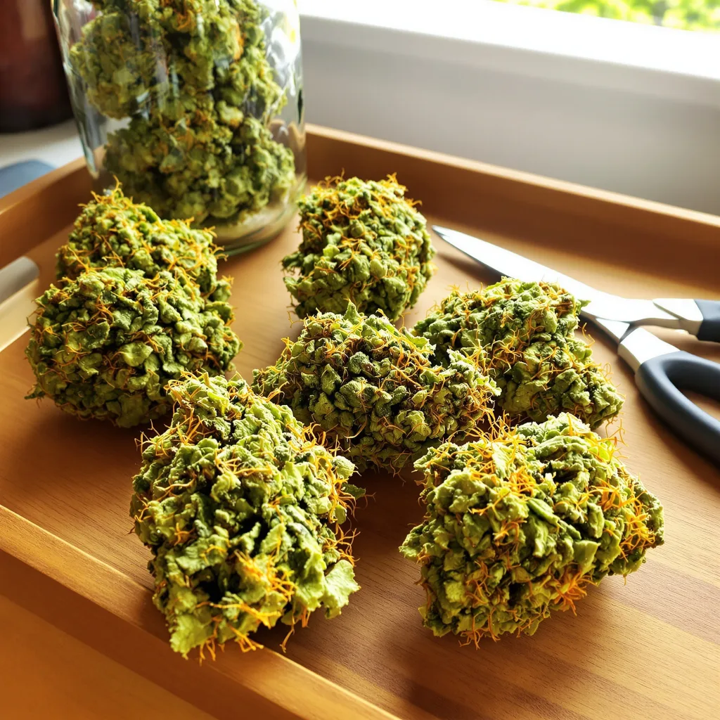 Vortex 20% Indica / 80% Sativa — Blüte mit sichtbaren Trichomen