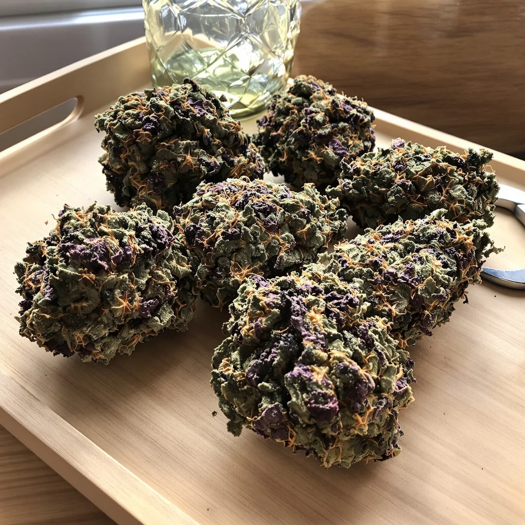 Whitaker Blues 77% Indica / 23% Sativa — Blüte mit sichtbaren Trichomen