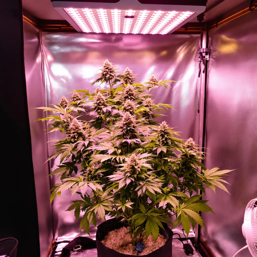 Whitaker Blues 77% Indica / 23% Sativa — Blüte mit sichtbaren Trichomen