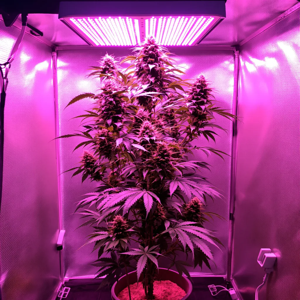 White Buffalo 20% Indica / 70% Sativa — Blüte mit sichtbaren Trichomen