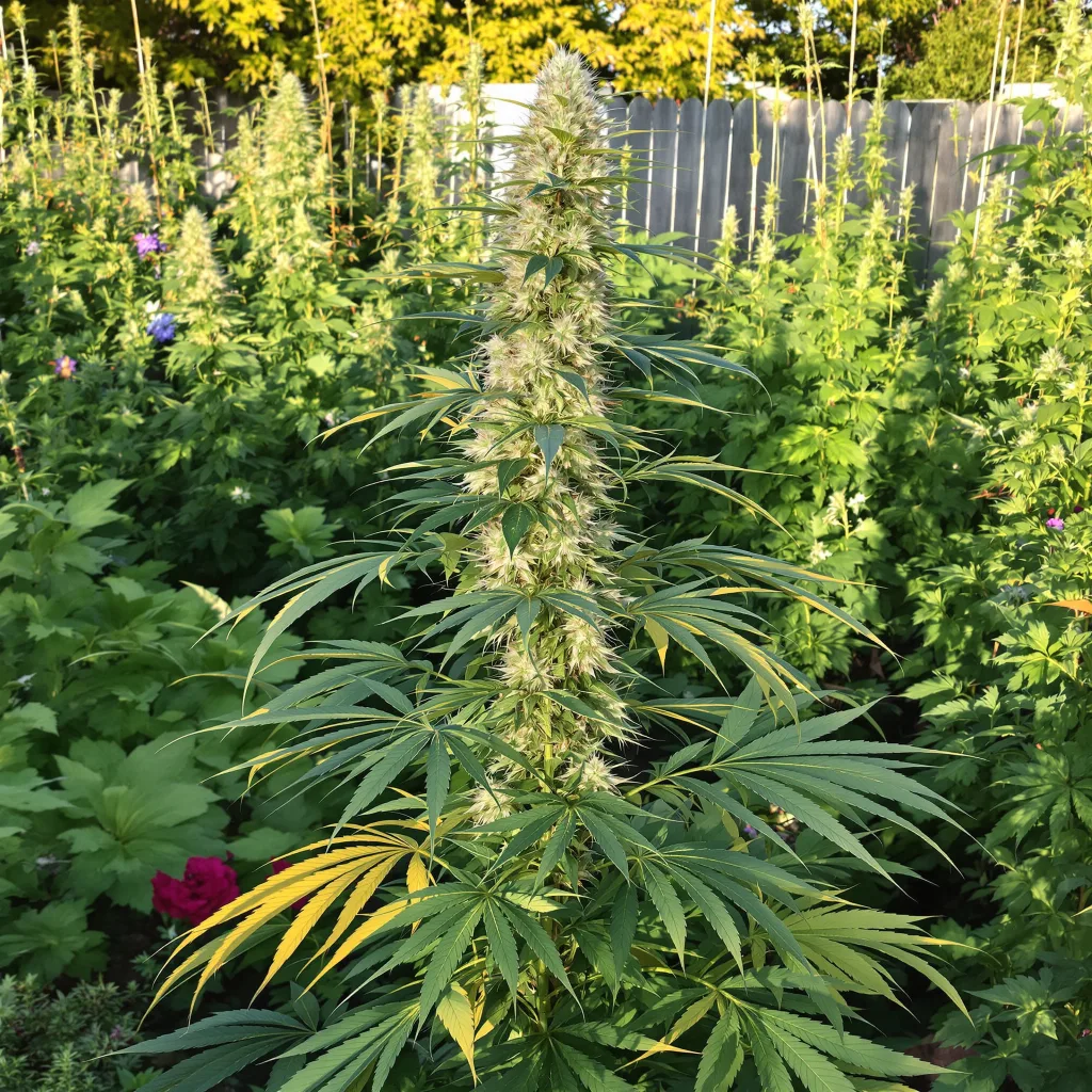White Buffalo 20% Indica / 70% Sativa — Blüte mit sichtbaren Trichomen