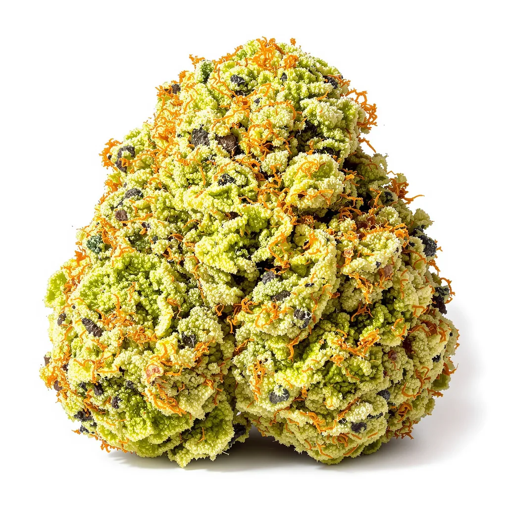 White Buffalo 20% Indica / 70% Sativa — Blüte mit sichtbaren Trichomen
