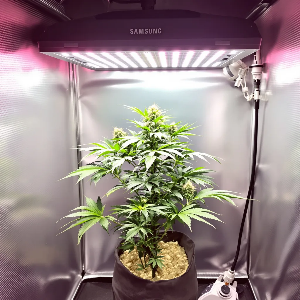 White Fire 43 77% Indica / 23% Sativa — Blüte mit sichtbaren Trichomen