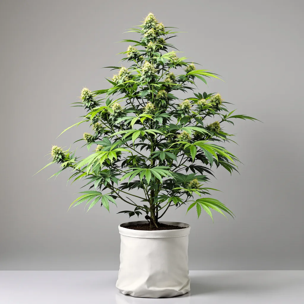 White Lightning Cannabisblüte Nahaufnahme mit ausgewogene Blütenstruktur mit eisigen Trichomen