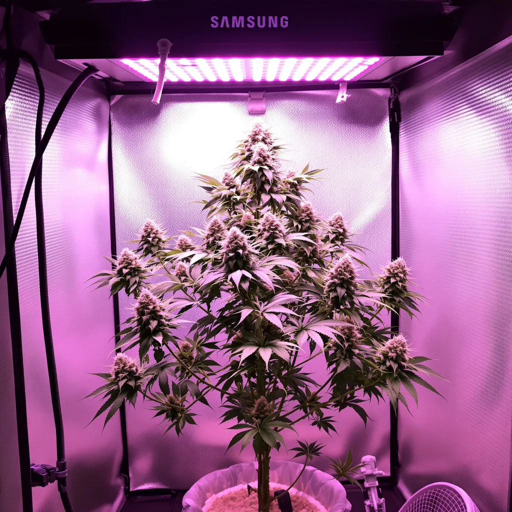 White Lightning 50% Indica / 40% Sativa — Blüte mit sichtbaren Trichomen