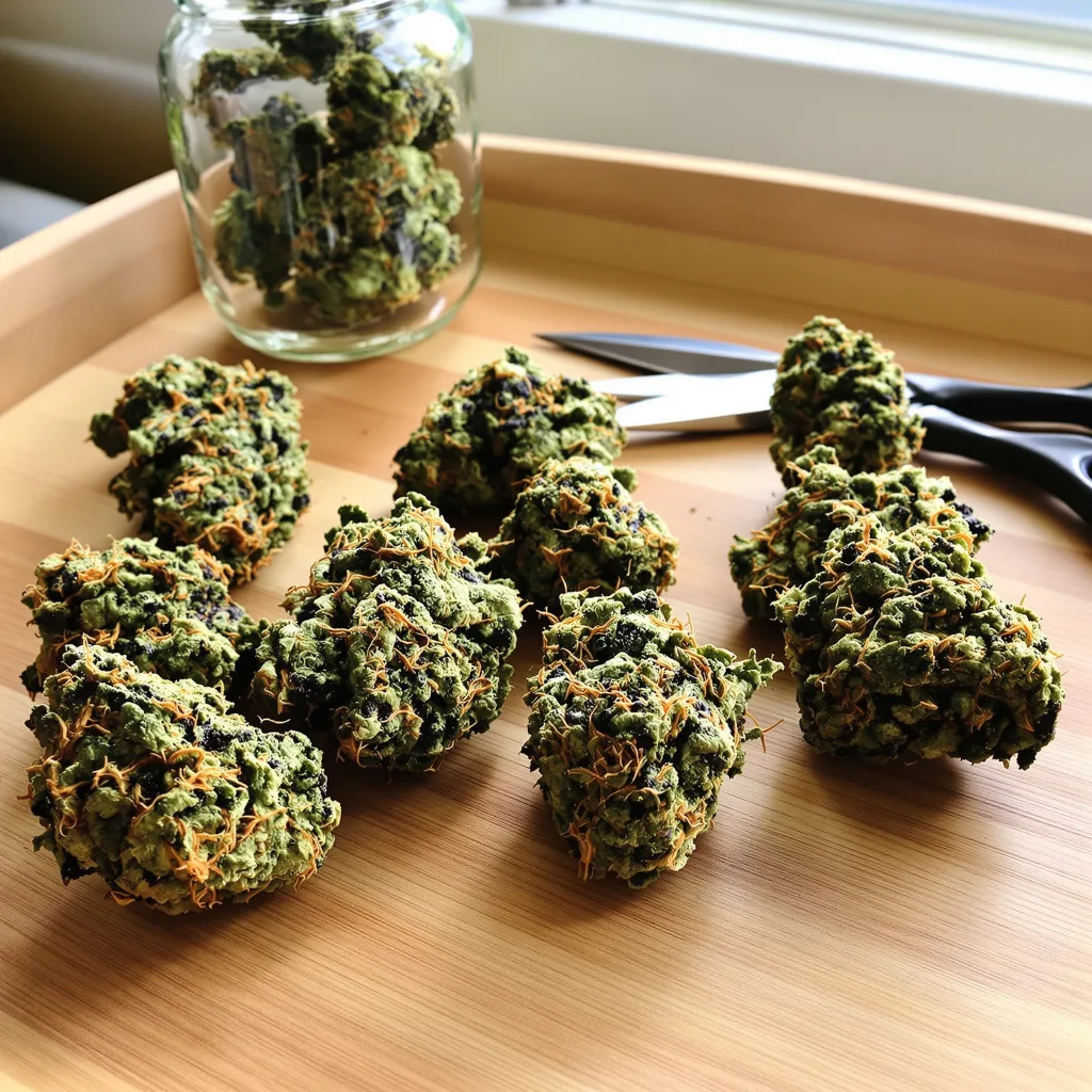 White Rhino 90% Indica / 50% Sativa — Blüte mit sichtbaren Trichomen