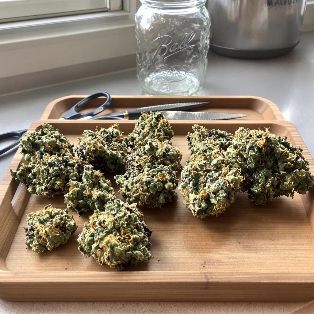 White Rhino 100% Indica / 50% Sativa — Blüte mit sichtbaren Trichomen