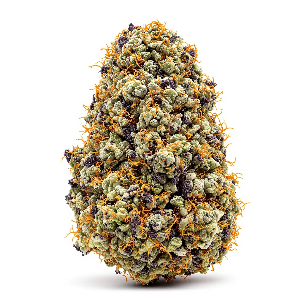 White Rhino 100% Indica / 50% Sativa — Blüte mit sichtbaren Trichomen