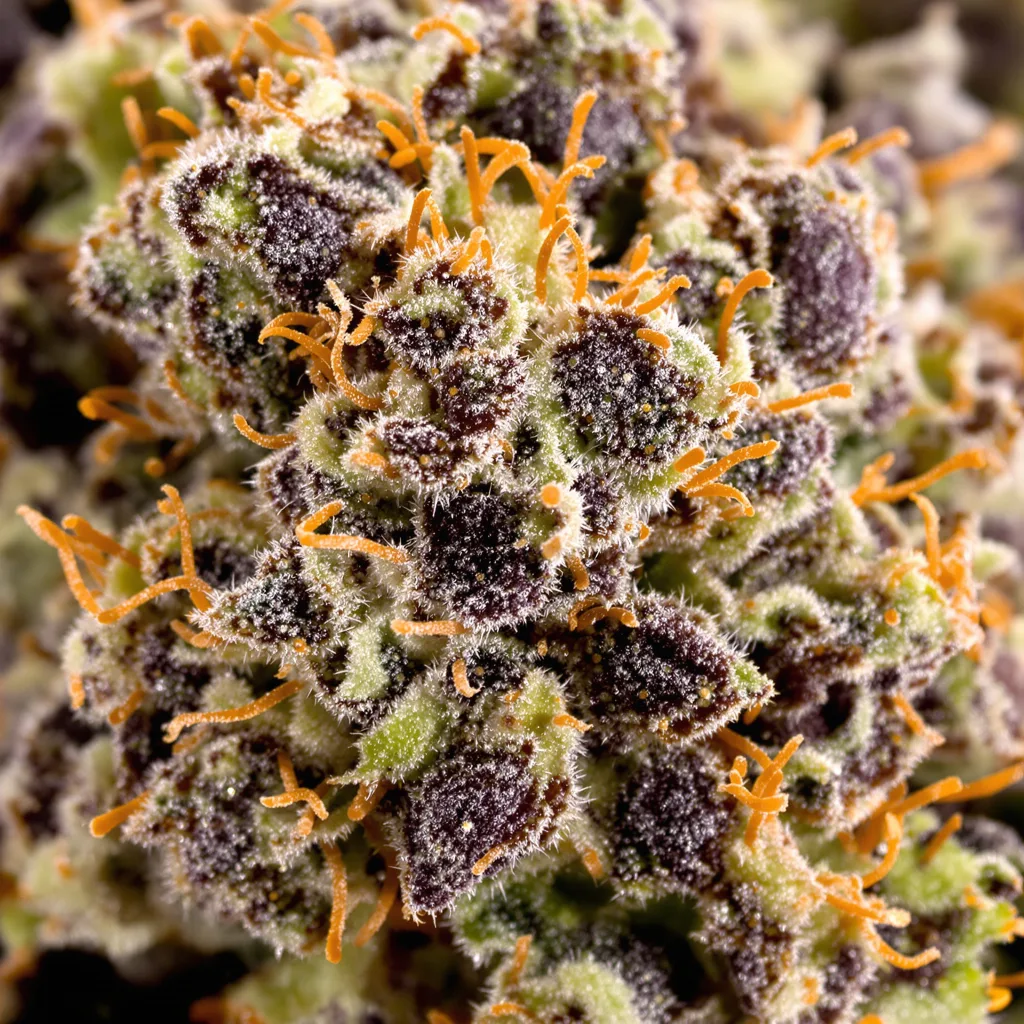 White Runtz Cannabisblüte Nahaufnahme mit dichte violett getönte Kelche