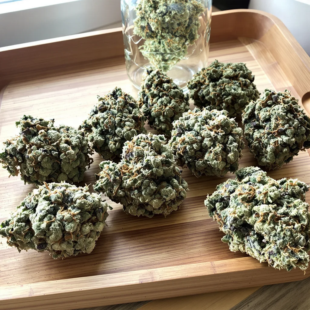 White Russian 50% Indica / 50% Sativa — Blüte mit sichtbaren Trichomen