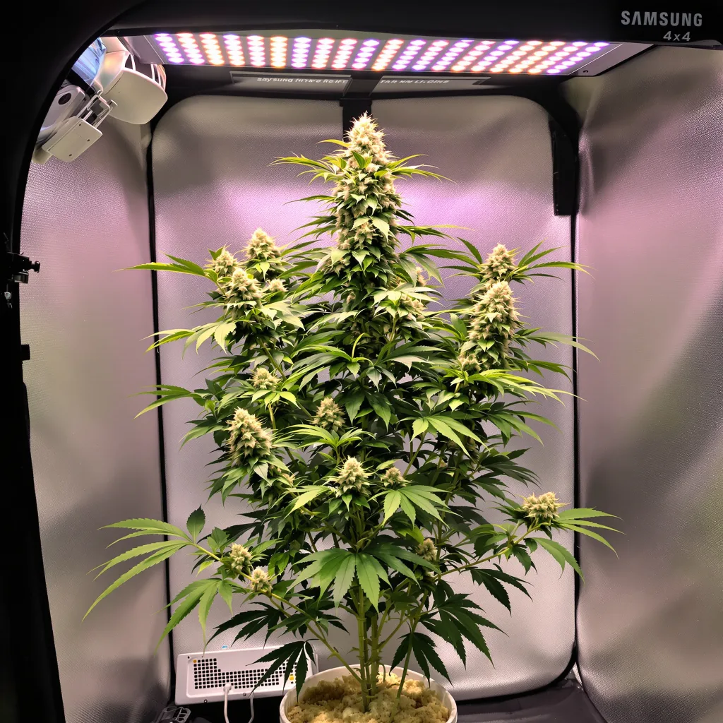 White Russian 50% Indica / 50% Sativa — Blüte mit sichtbaren Trichomen