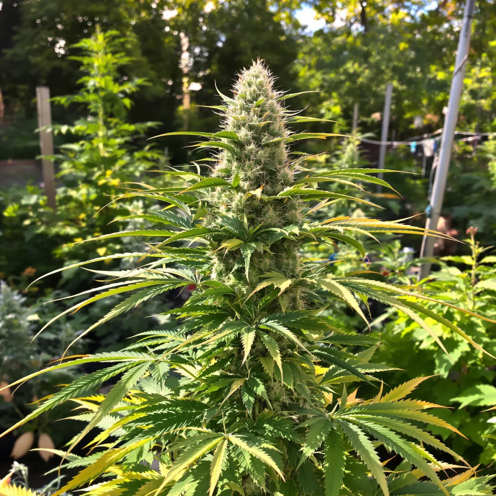 White Russian 50% Indica / 50% Sativa — Blüte mit sichtbaren Trichomen