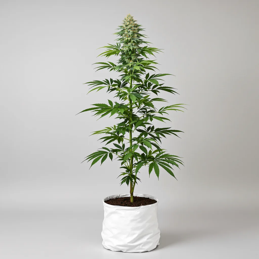 White Widow Cannabisblüte Nahaufnahme mit ausgewogene Blütenstruktur mit eisigen Trichomen