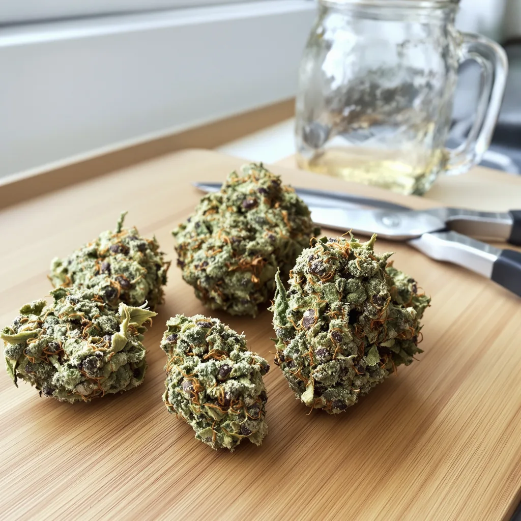 White Widow 50% Indica / 40% Sativa — Blüte mit sichtbaren Trichomen
