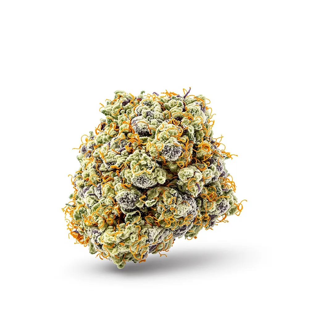 White Widow 50% Indica / 40% Sativa — Blüte mit sichtbaren Trichomen