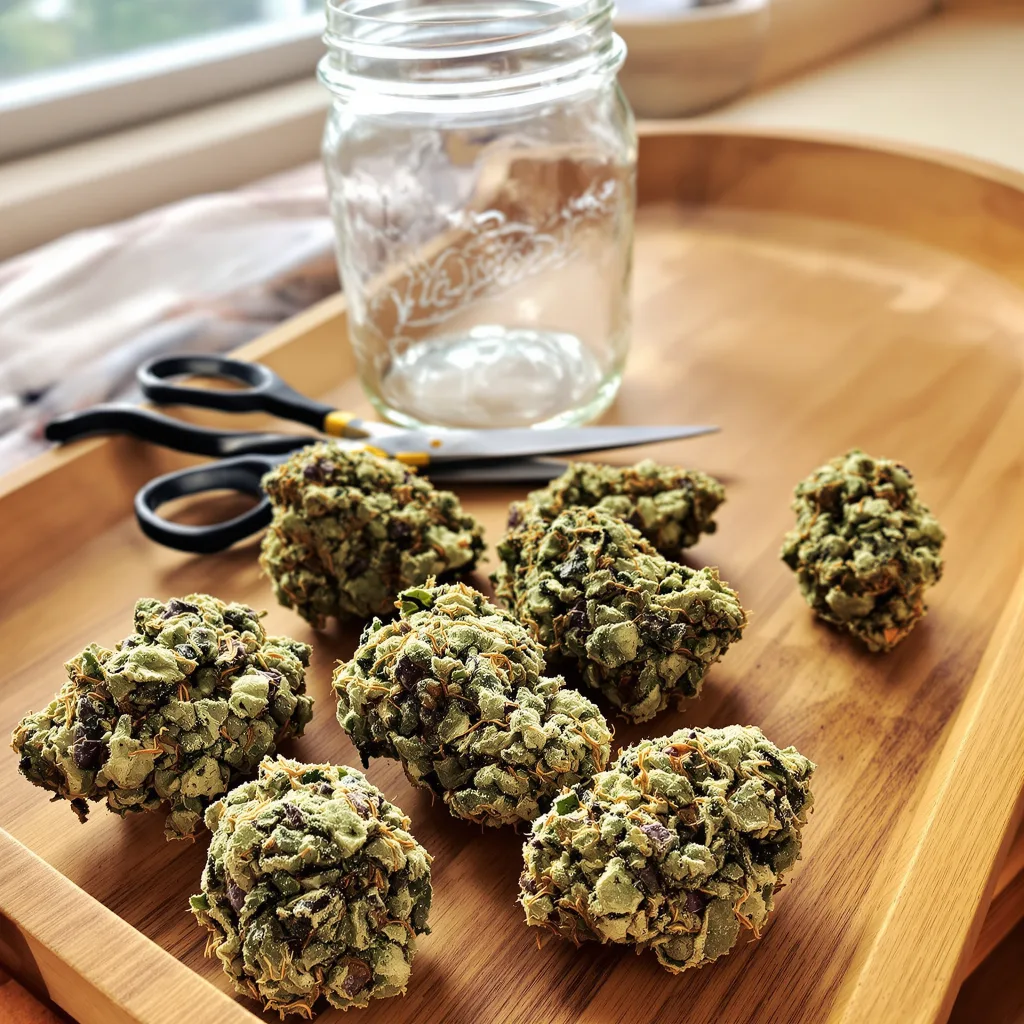 Wonder Woman 51% Indica / 49% Sativa — Blüte mit sichtbaren Trichomen