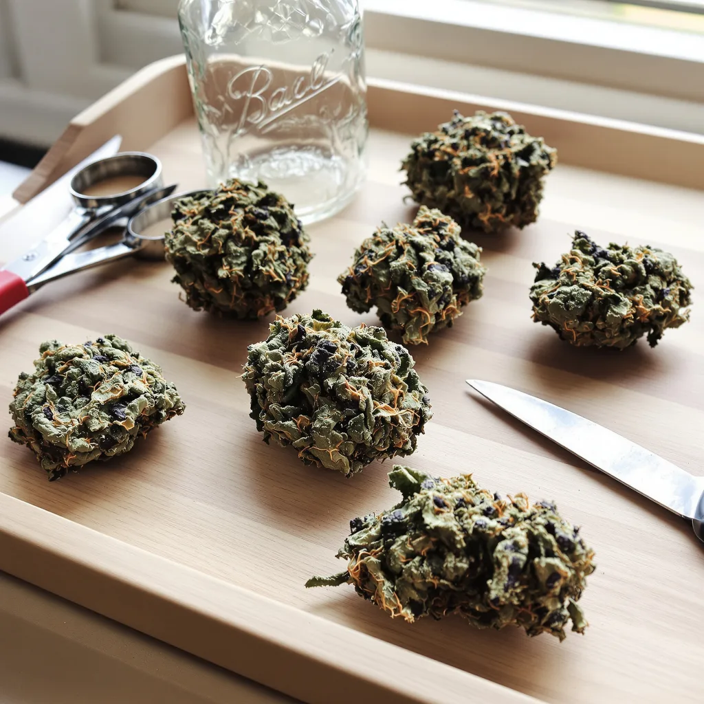 Woody Kush 83% Indica / 17% Sativa — Blüte mit sichtbaren Trichomen