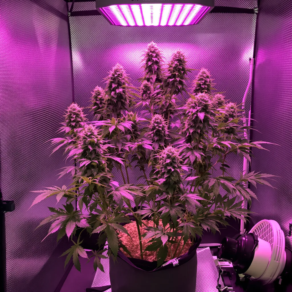 Woody Kush 83% Indica / 17% Sativa — Blüte mit sichtbaren Trichomen