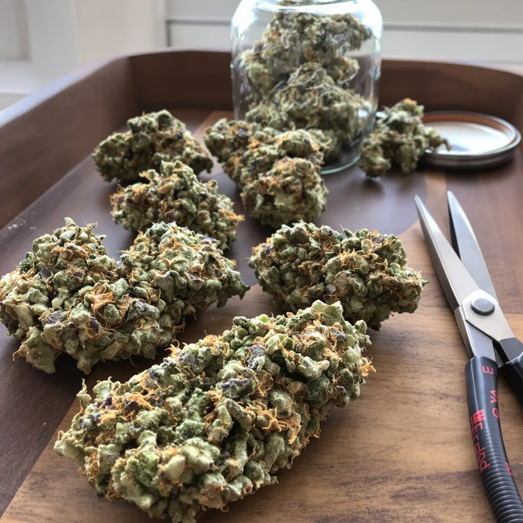 XJ-13 50% Indica / 50% Sativa — Blüte mit sichtbaren Trichomen