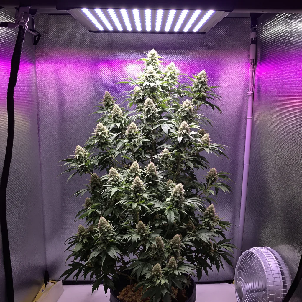XJ-13 50% Indica / 50% Sativa — Blüte mit sichtbaren Trichomen