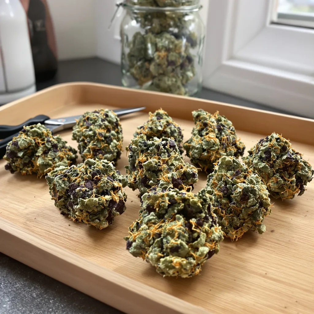 XXX 420 65% Indica / 35% Sativa — Blüte mit sichtbaren Trichomen