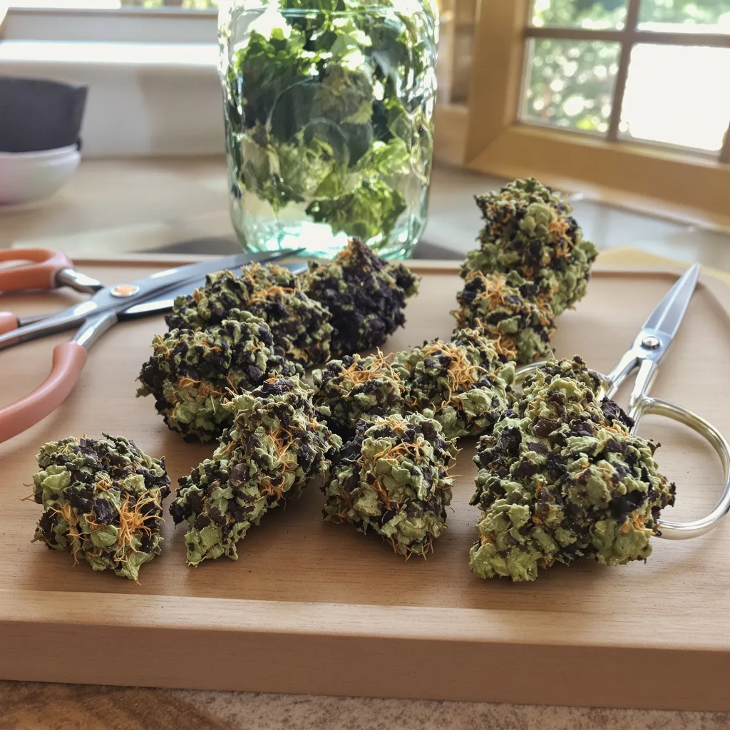 Yoda’s Brain 81% Indica / 19% Sativa — Blüte mit sichtbaren Trichomen