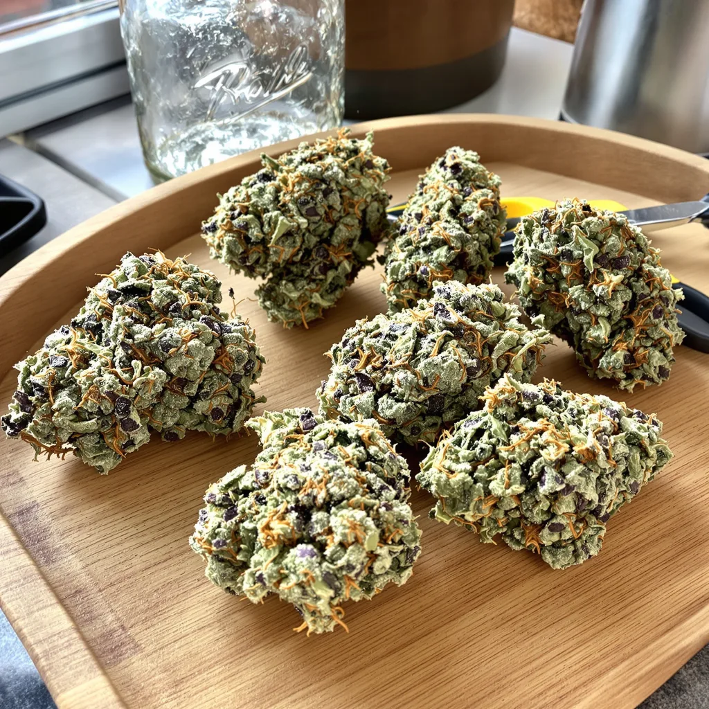 Zashimi 49% Indica / 51% Sativa — Blüte mit sichtbaren Trichomen